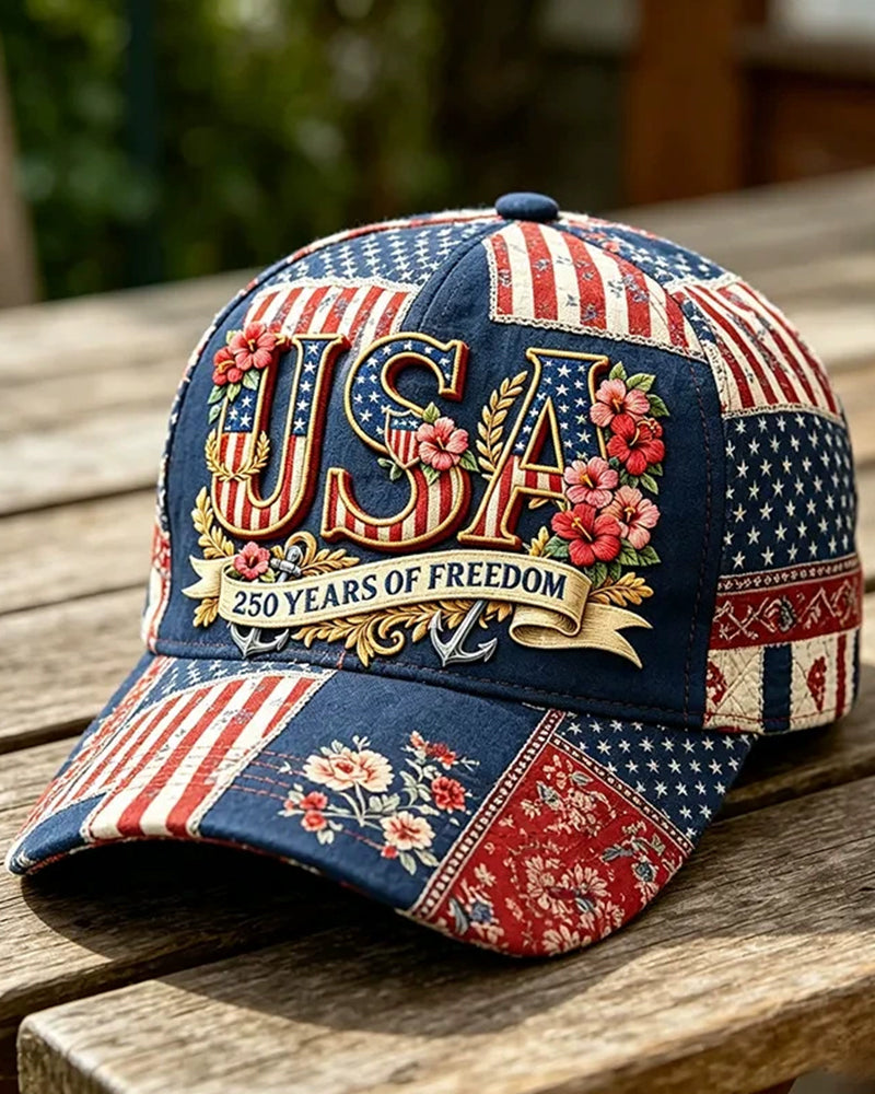 Patchwork Flag USA Floral Anchor Embroidered 250 Anniversary Baseball Cap