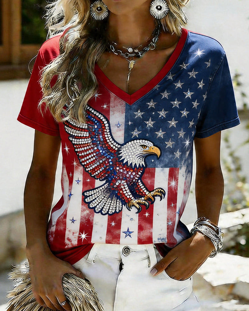 American Flag Rhinestone Eagle Print V-Neck Short Sleeve Tee