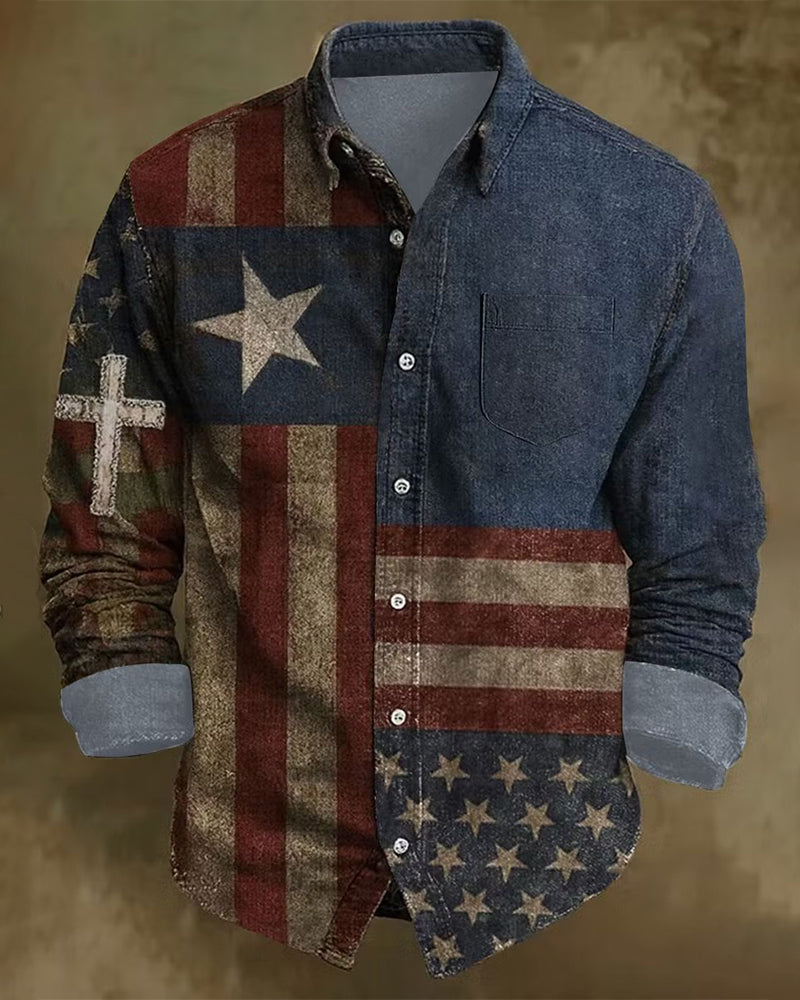 Western Style Old Flag Cross Stars Stitching Denim Long Sleeve Shirt
