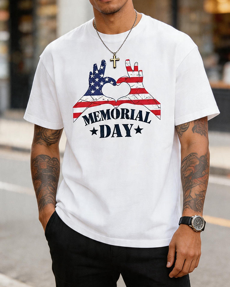 US Memorial Day Flag Hand-Print Crewneck Short-Sleeved T-Shirt