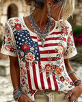 American Flag Floral Print Round Neck Short Sleeve Tee