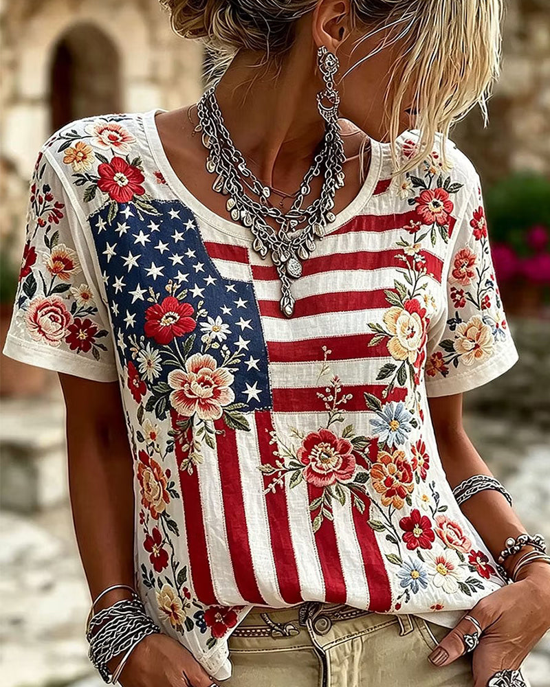 American Flag Floral Print Round Neck Short Sleeve Tee