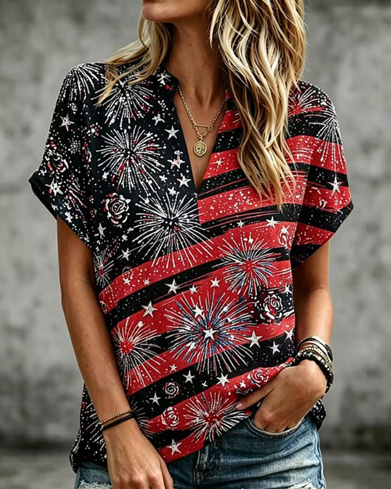 Flag Fireworks Rose Print Half Open Neck Loose Short Sleeve T-Shirt