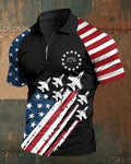 1776 Fighter Jet Printed Stars And Stripes Stitching Raglan Zipper Men's Polo Shirt