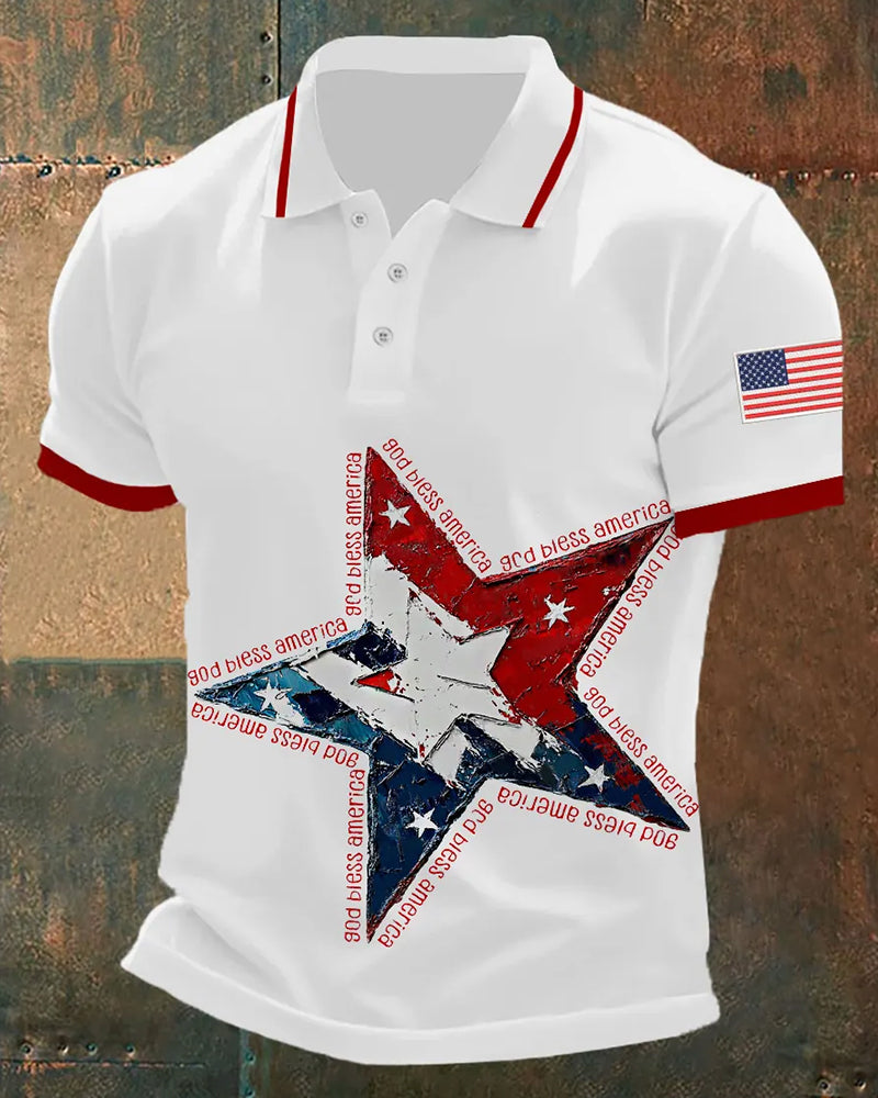 God Bless America 5-Star Flag-Print Polo Shirt