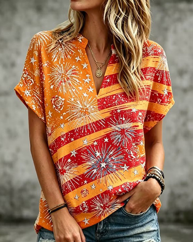 Flag Fireworks Rose Print Half Open Neck Loose Short Sleeve T-Shirt