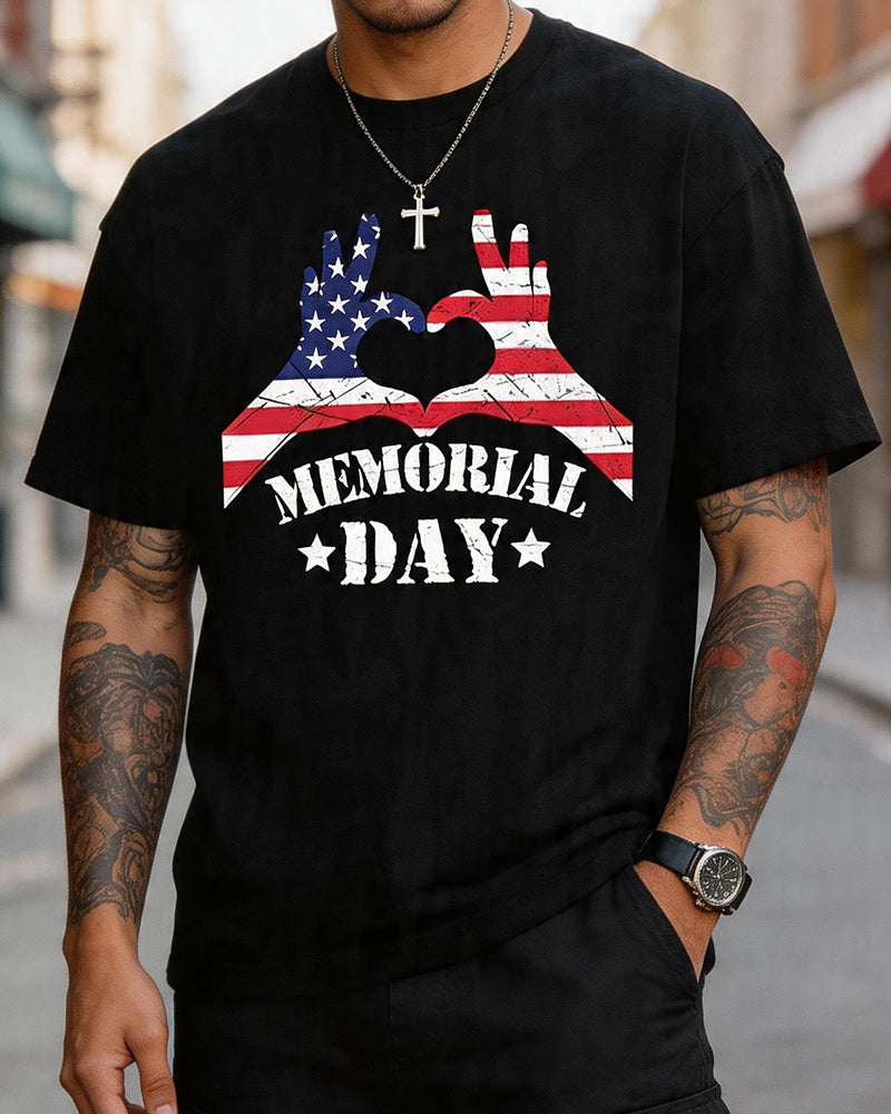 US Memorial Day Flag Hand-Print Crewneck Short-Sleeved T-Shirt