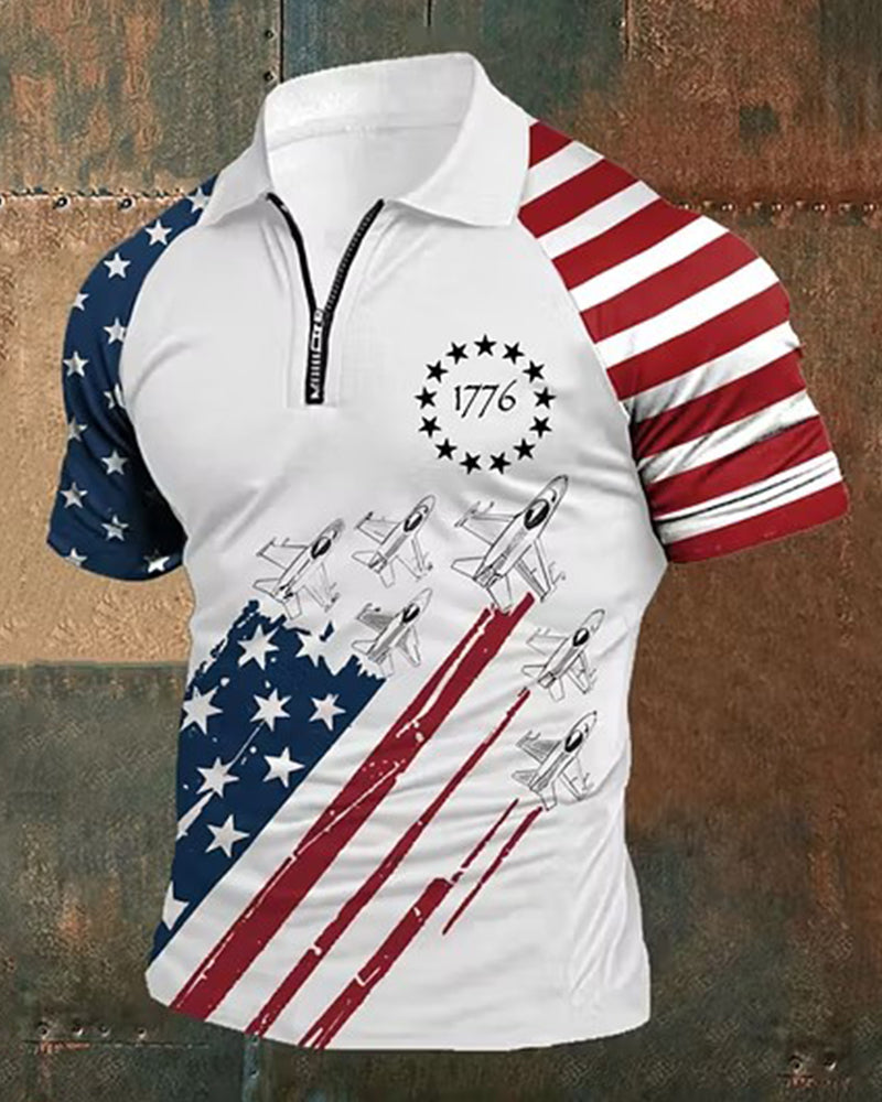 1776 Fighter Jet Printed Stars And Stripes Stitching Raglan Zipper Men's Polo Shirt