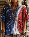 Gradient Glitter Stars And Stripes Star-Print Round Neck Short-Sleeve Tee
