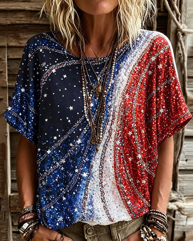 Gradient Glitter Stars And Stripes Star-Print Round Neck Short-Sleeve Tee