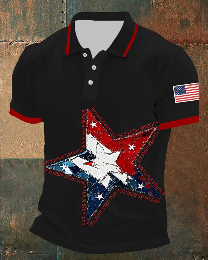 God Bless America 5-Star Flag-Print Polo Shirt