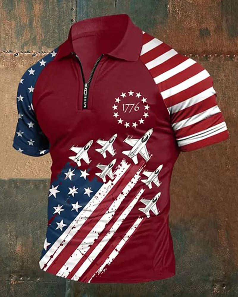 1776 Fighter Jet Printed Stars And Stripes Stitching Raglan Zipper Men's Polo Shirt