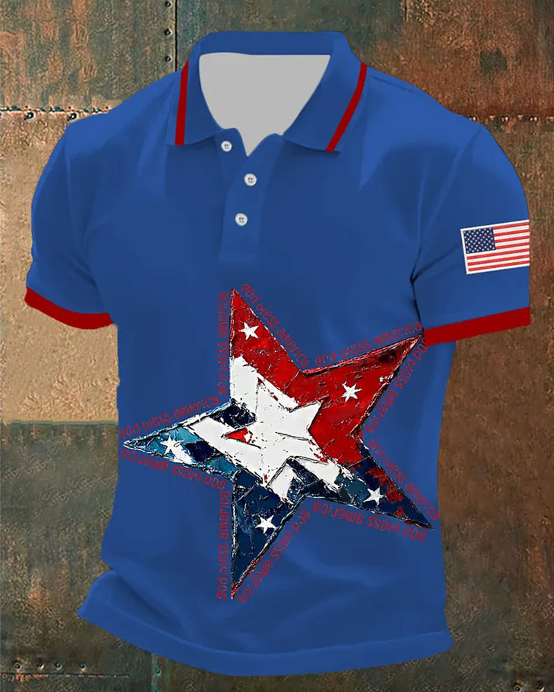 God Bless America 5-Star Flag-Print Polo Shirt