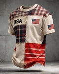 American Retro Plaid Stitching USA Flag Short Sleeve T-Shirt