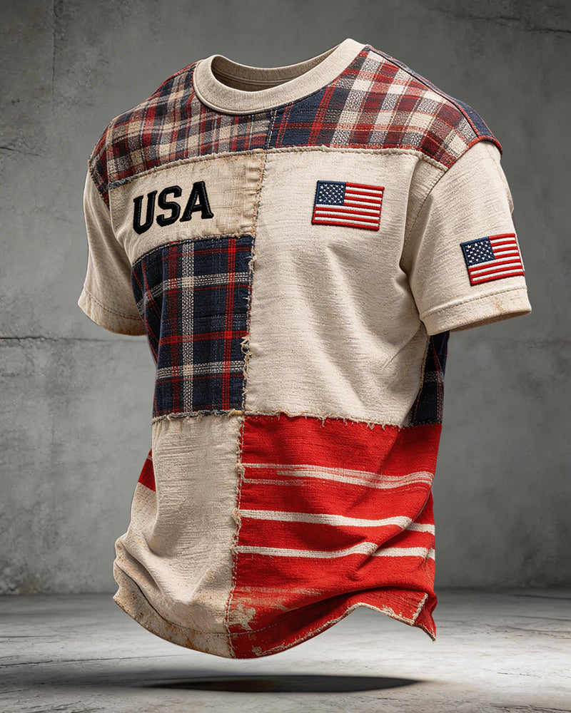 American Retro Plaid Stitching USA Flag Short Sleeve T-Shirt