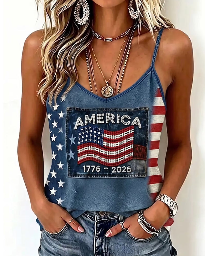 USA Flag 1776-2026 Printed Shoulder Camisole