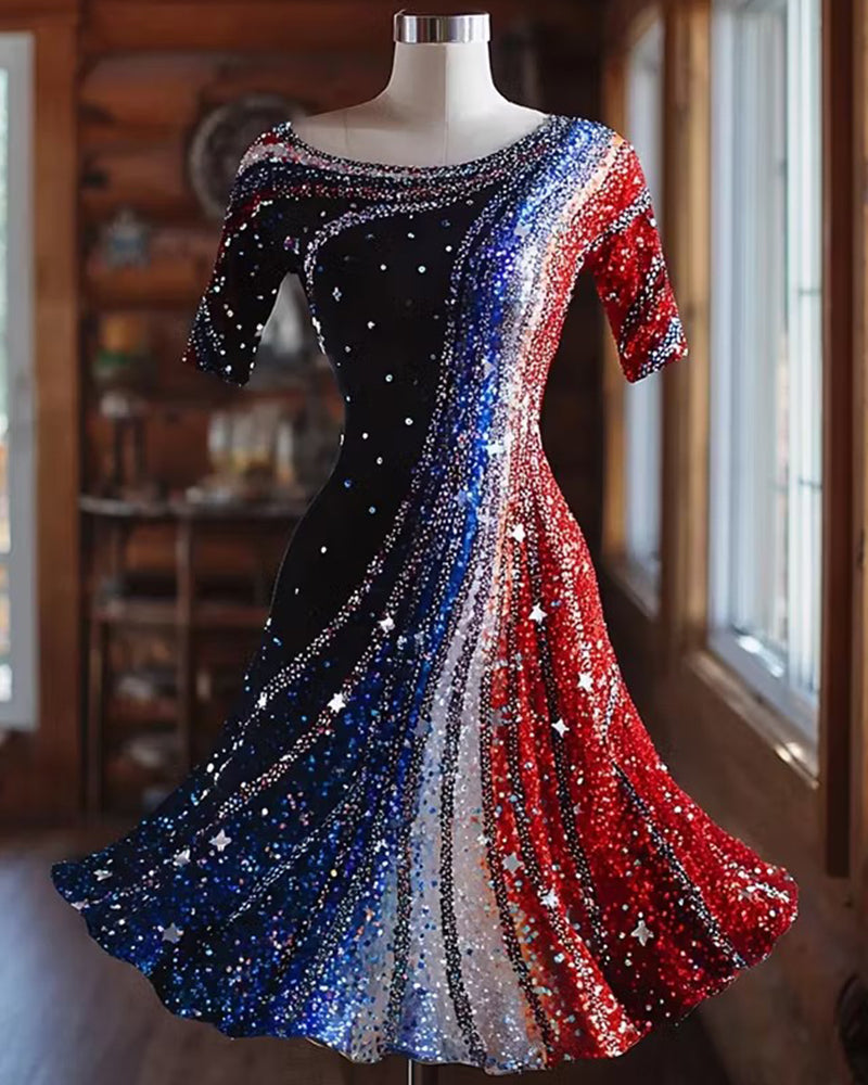 Red Blue White Gradient Glitter Star-stripe Printed Mid-sleeve Dress