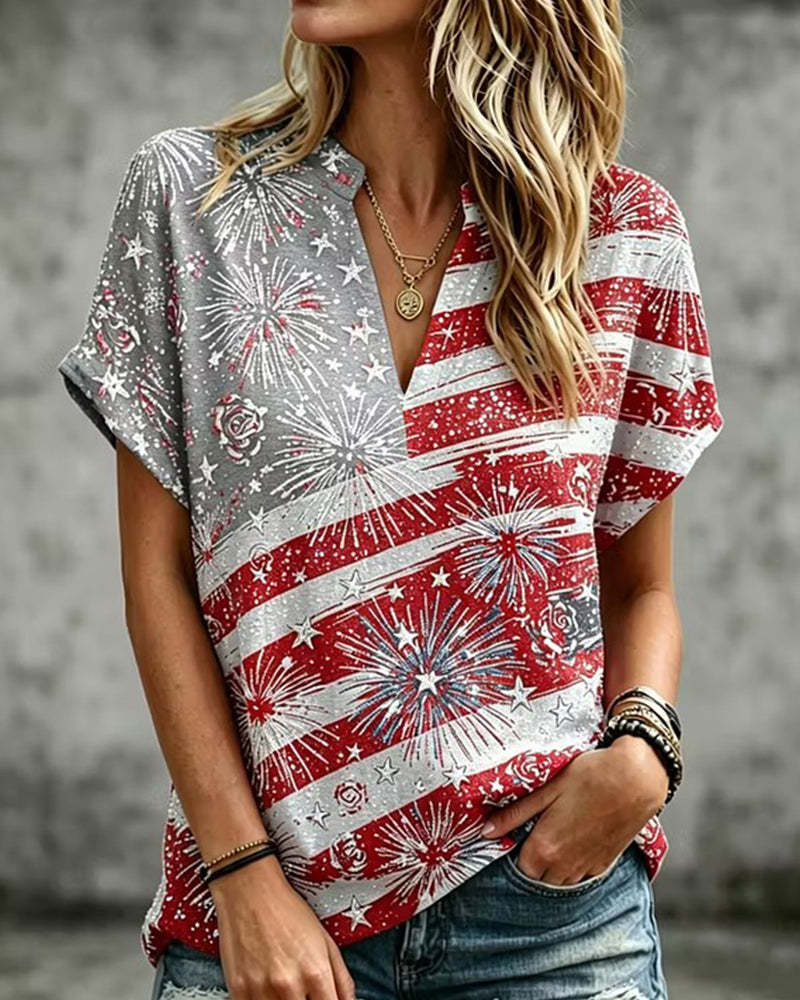 Flag Fireworks Rose Print Half Open Neck Loose Short Sleeve T-Shirt