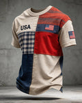 Red And Blue Check Denim Stitching USA Flag Badge Casual Short Sleeve T-shirt