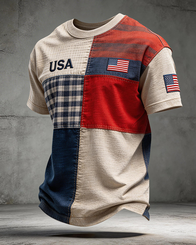 Red And Blue Check Denim Stitching USA Flag Badge Casual Short Sleeve T-shirt