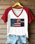 American Flag Denim Patch Red And White Rags V-Neck Short Sleeve Tee