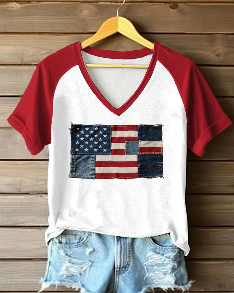 American Flag Denim Patch Red And White Rags V-Neck Short Sleeve Tee