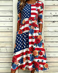 Vintage Stars And Stripes Rose Printed See-Sleeve Crewneck Dress