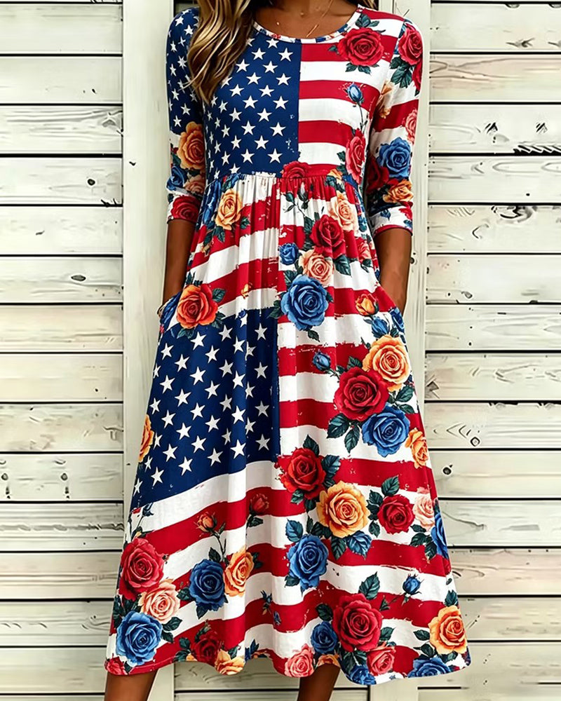 Vintage Stars And Stripes Rose Printed See-Sleeve Crewneck Dress