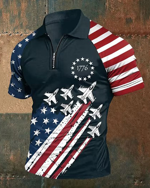 1776 Fighter Jet Printed Stars And Stripes Stitching Raglan Zipper Men's Polo Shirt