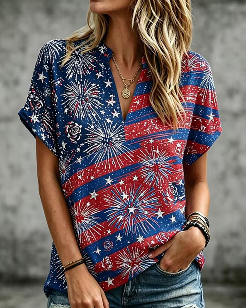 Flag Fireworks Rose Print Half Open Neck Loose Short Sleeve T-Shirt