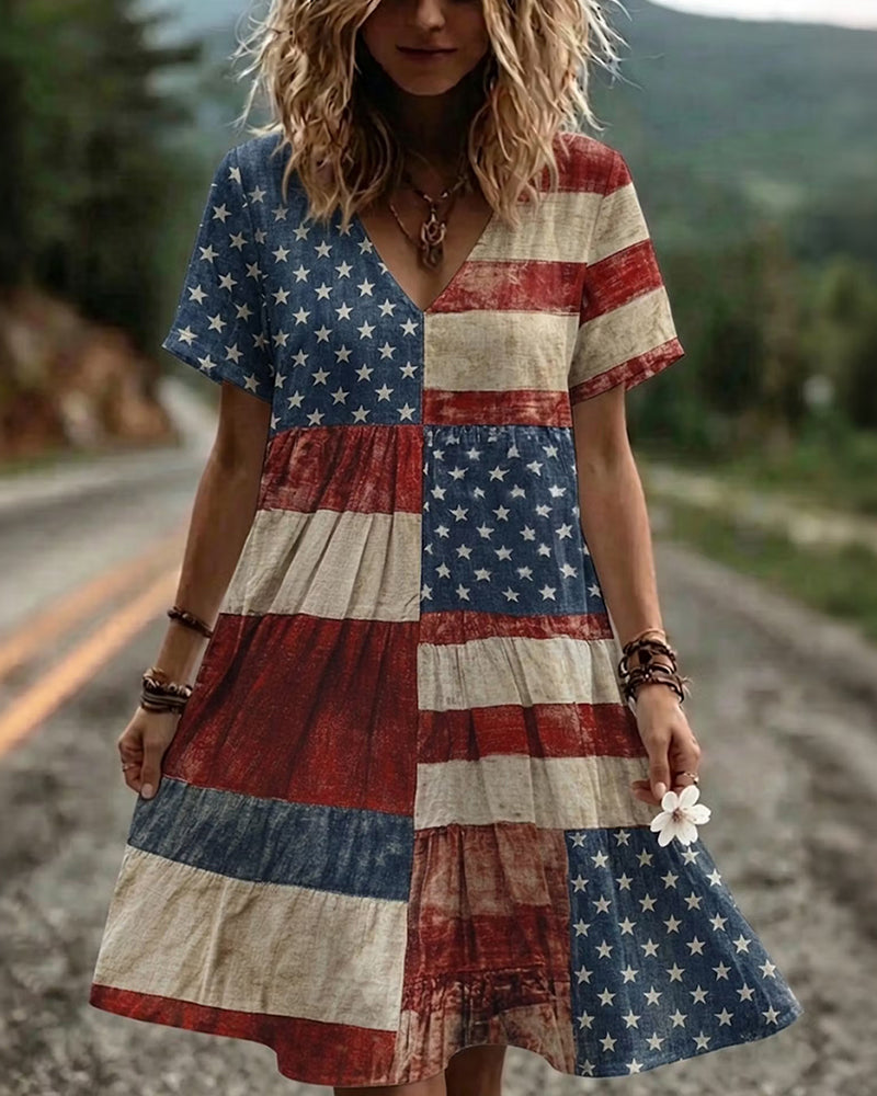 Old Stitching Stars And Stripes V-neck Short Sleeve Ruffled A- Line Dress