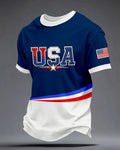 Blue And White Contrast Color USA Three-dimensional Letters Five-pointed Star Short Sleeve T-shirt