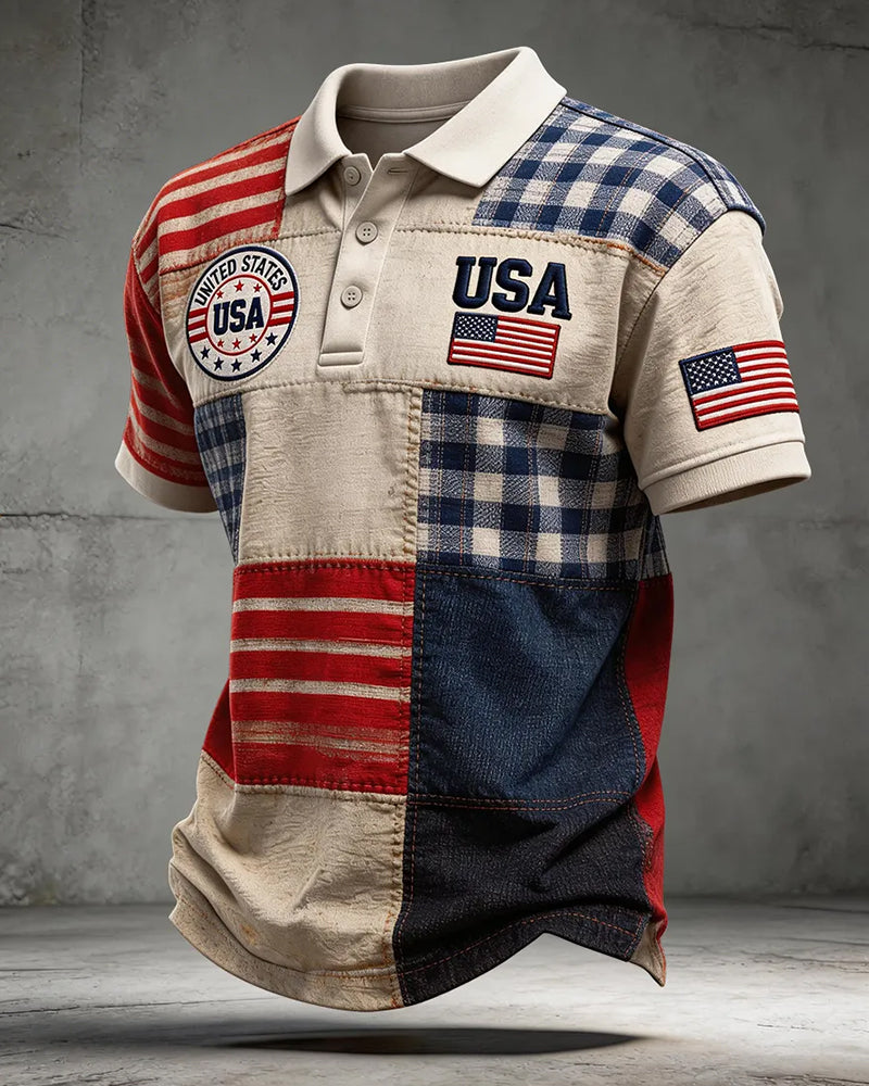 Stitching USA Badge Flag Men's Short Sleeve Polo Shirt