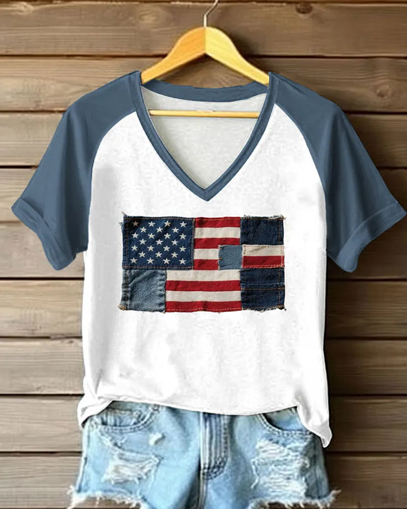 American Flag Denim Patch Red And White Rags V-Neck Short Sleeve Tee