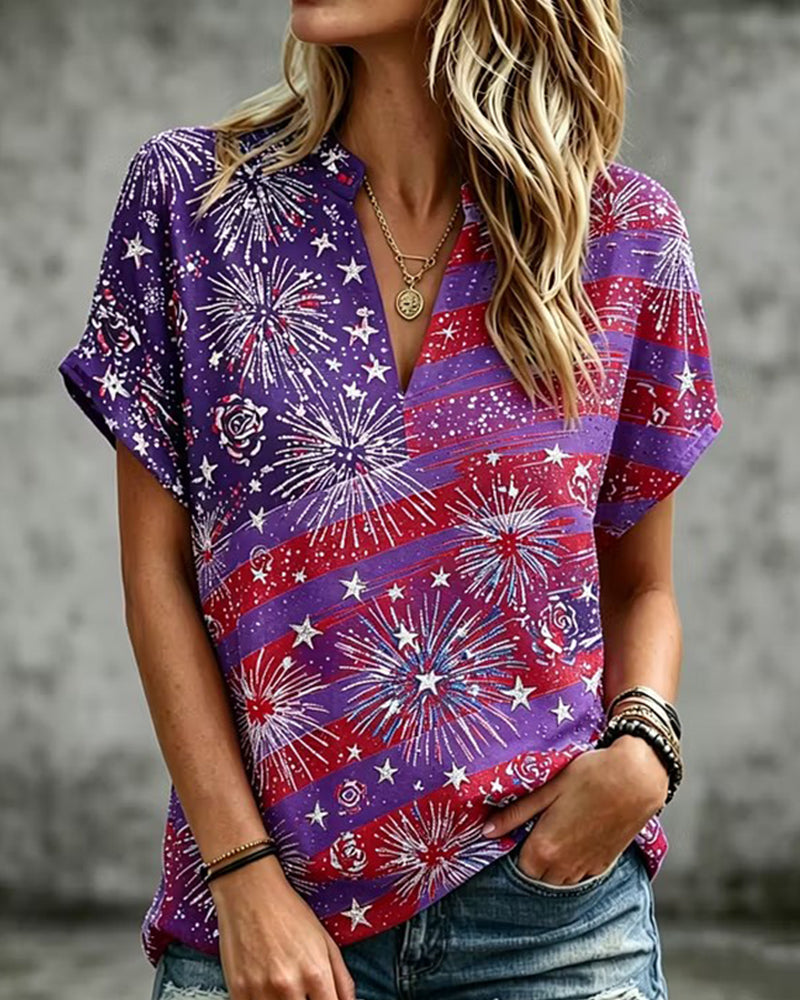 Flag Fireworks Rose Print Half Open Neck Loose Short Sleeve T-Shirt