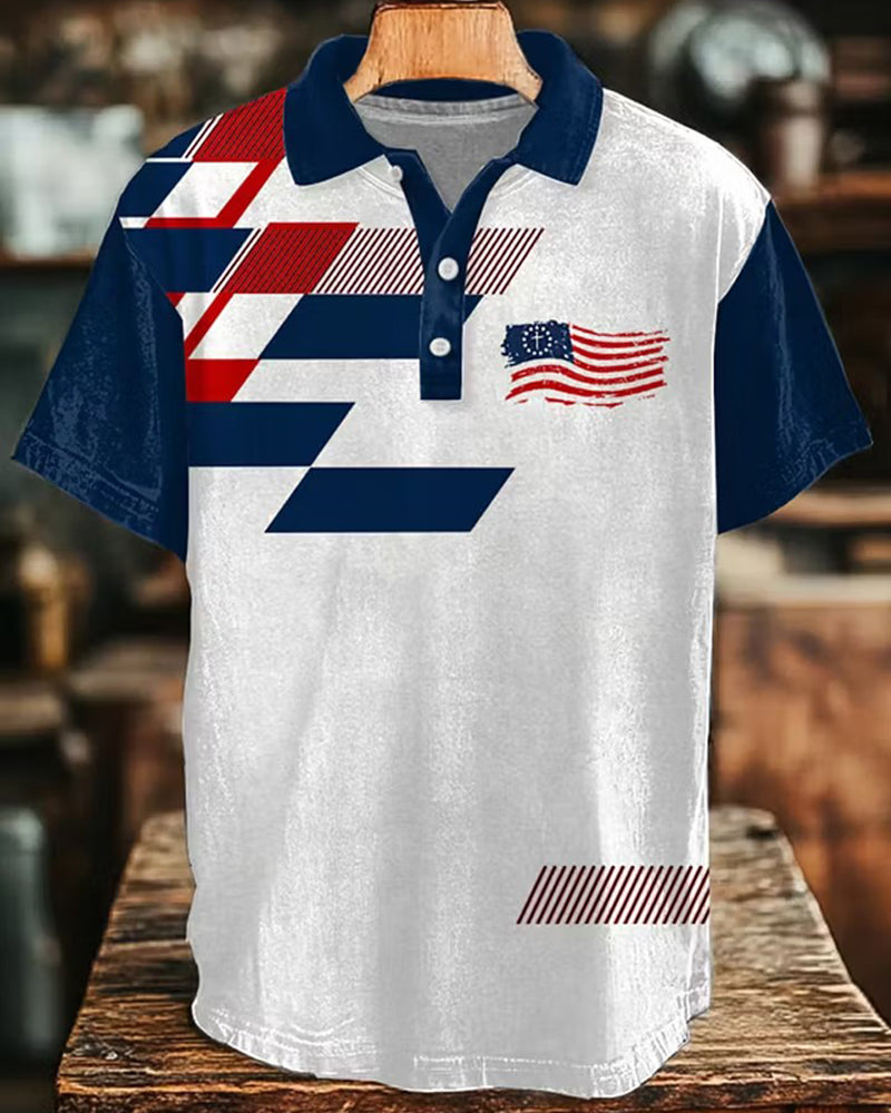 Geometric Stitching Dressed Stars And Stripes Print Casual Men's Polo Shirt