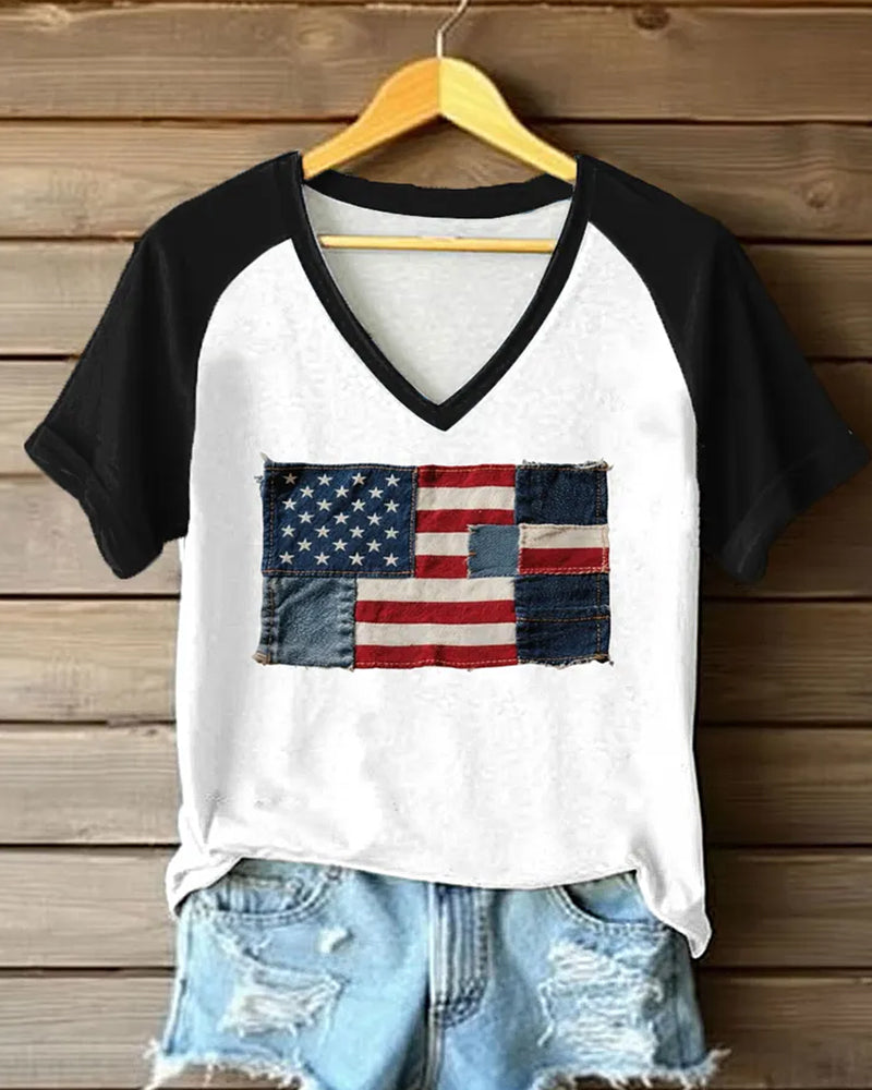 American Flag Denim Patch Red And White Rags V-Neck Short Sleeve Tee