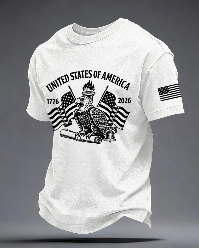 American 250 Anniversary Bald Eagle Torch Independence Bell Printed Short Sleeve T-Shirt