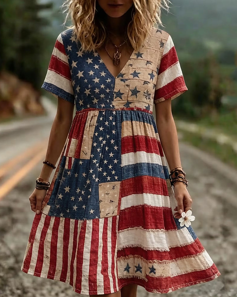 Vintage Distressed Patchwork Stars And Stripes Printed V-neck Short Sleeve Dress