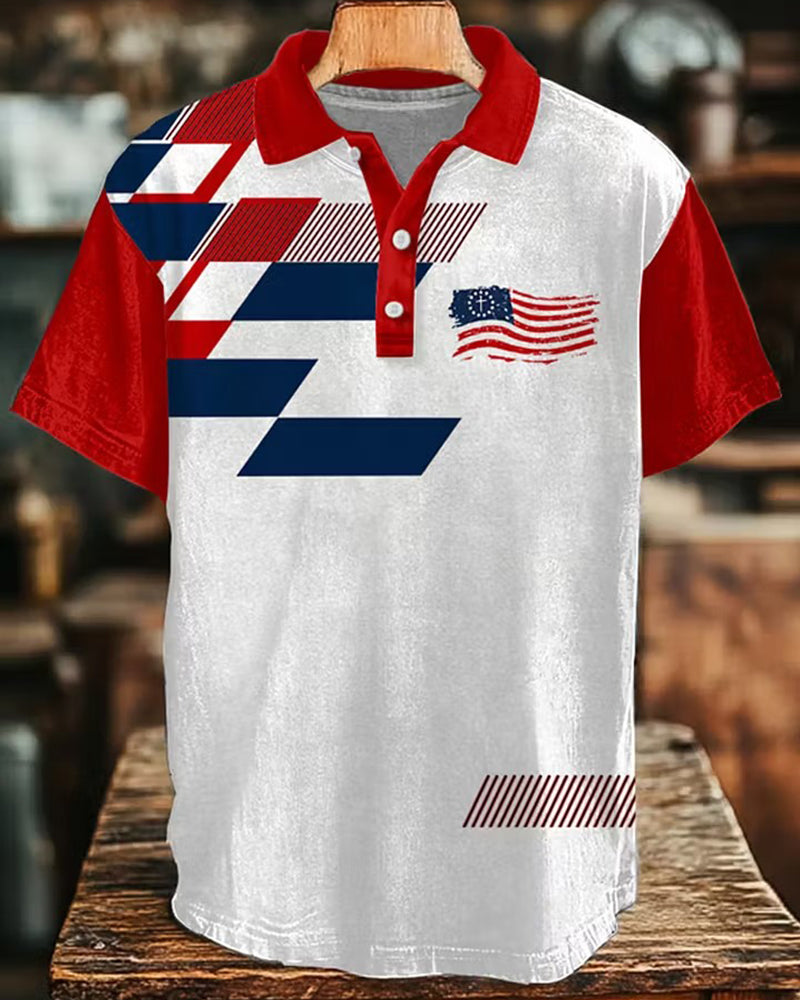 Geometric Stitching Dressed Stars And Stripes Print Casual Men's Polo Shirt