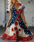 Stars And Stripes Rose Floral Print V-Neck Short Sleeve Dress
