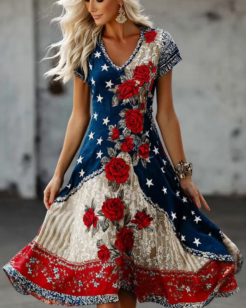 Stars And Stripes Rose Floral Print V-Neck Short Sleeve Dress