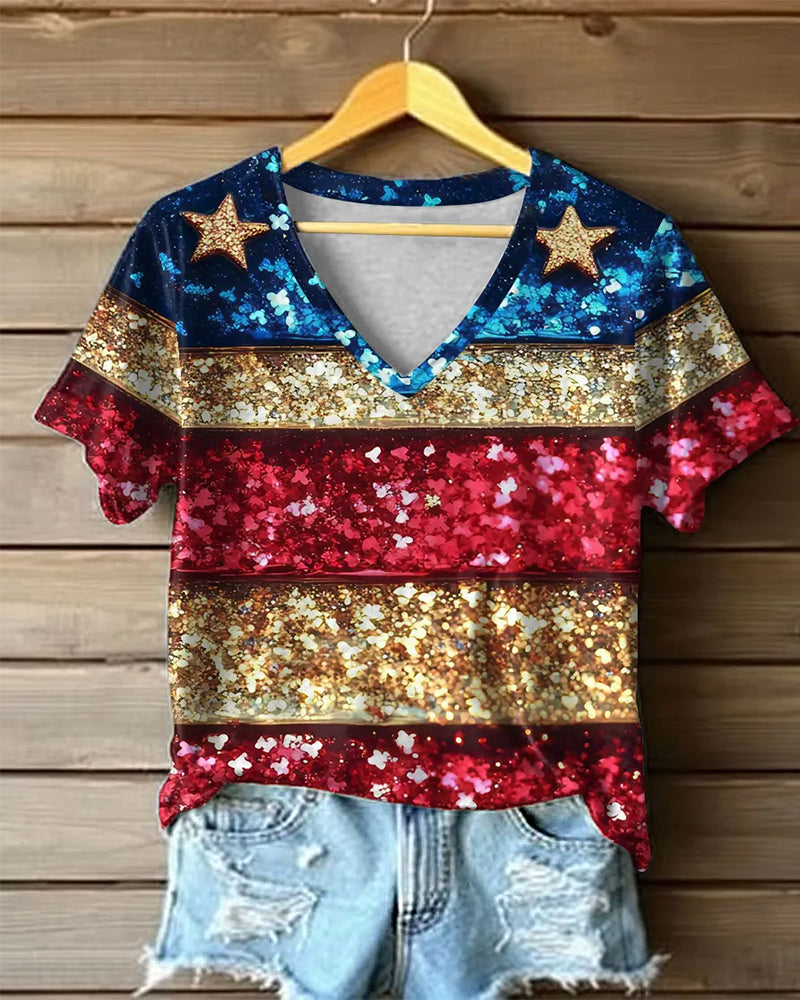 American Flag Tricolor Glitter Stars V-Neck Short Sleeve Tee