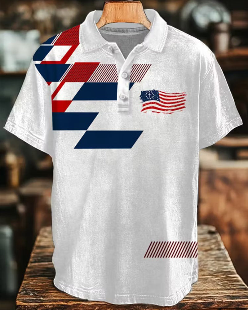 Geometric Stitching Dressed Stars And Stripes Print Casual Men's Polo Shirt