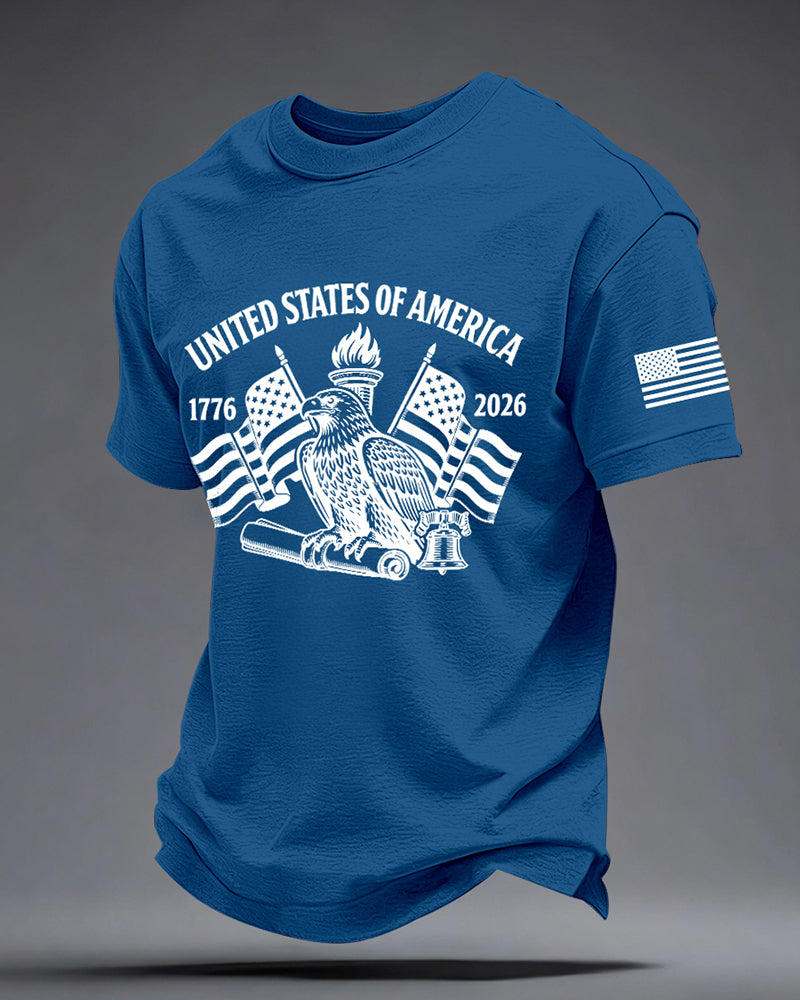 American 250 Anniversary Bald Eagle Torch Independence Bell Printed Short Sleeve T-Shirt