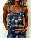Old Flag Wine Glass Fireworks Letter Printed Navy Blue Camisole