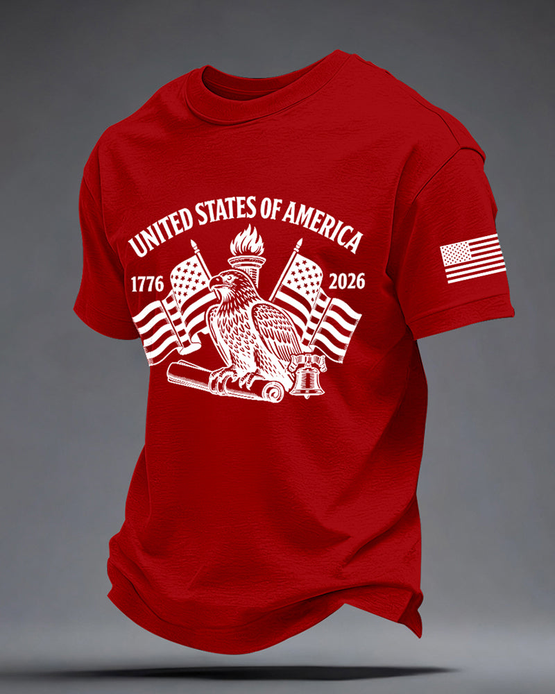 American 250 Anniversary Bald Eagle Torch Independence Bell Printed Short Sleeve T-Shirt