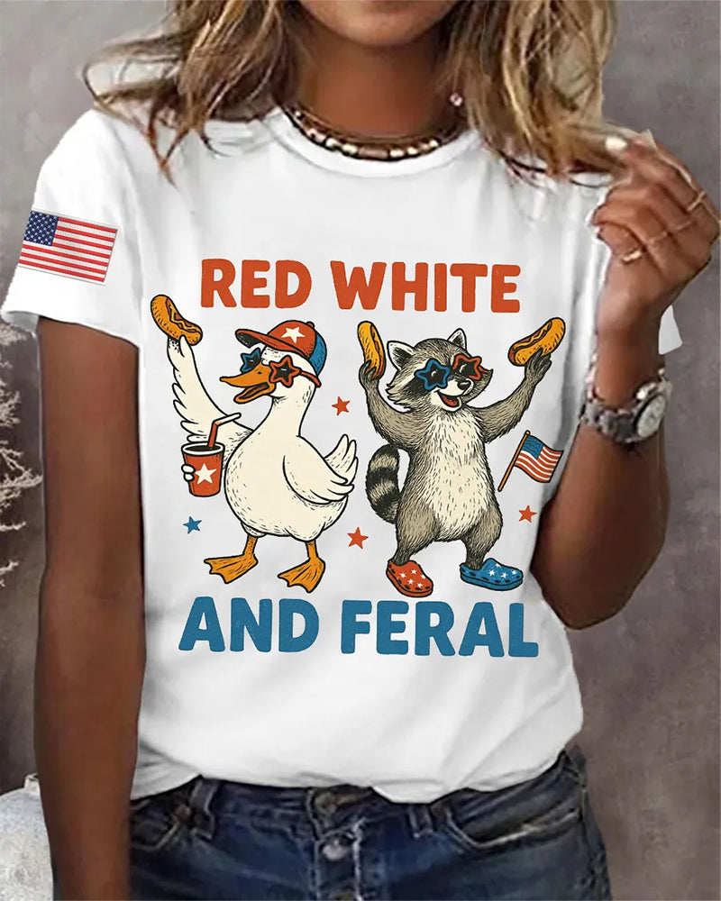 American Independence Day Duck Raccoon Red White And Feral Fun Print Short Sleeve Tee