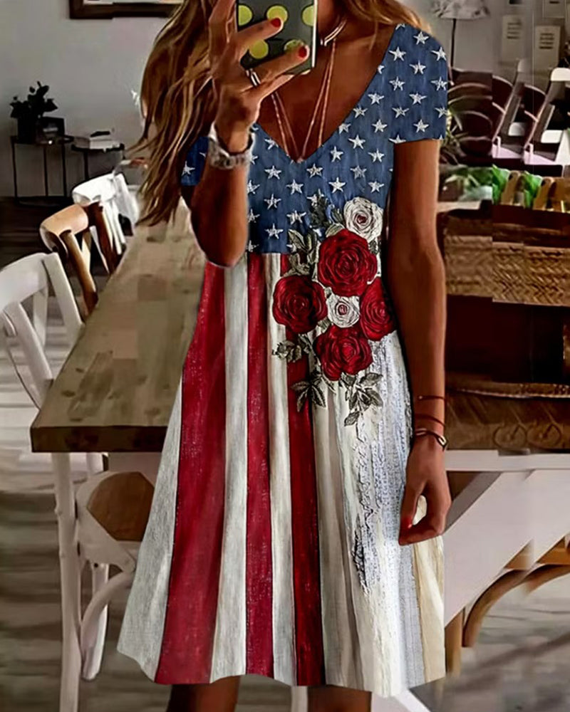 Stars And Stripes Rose-Print V-Neck Short-Sleeve Dress