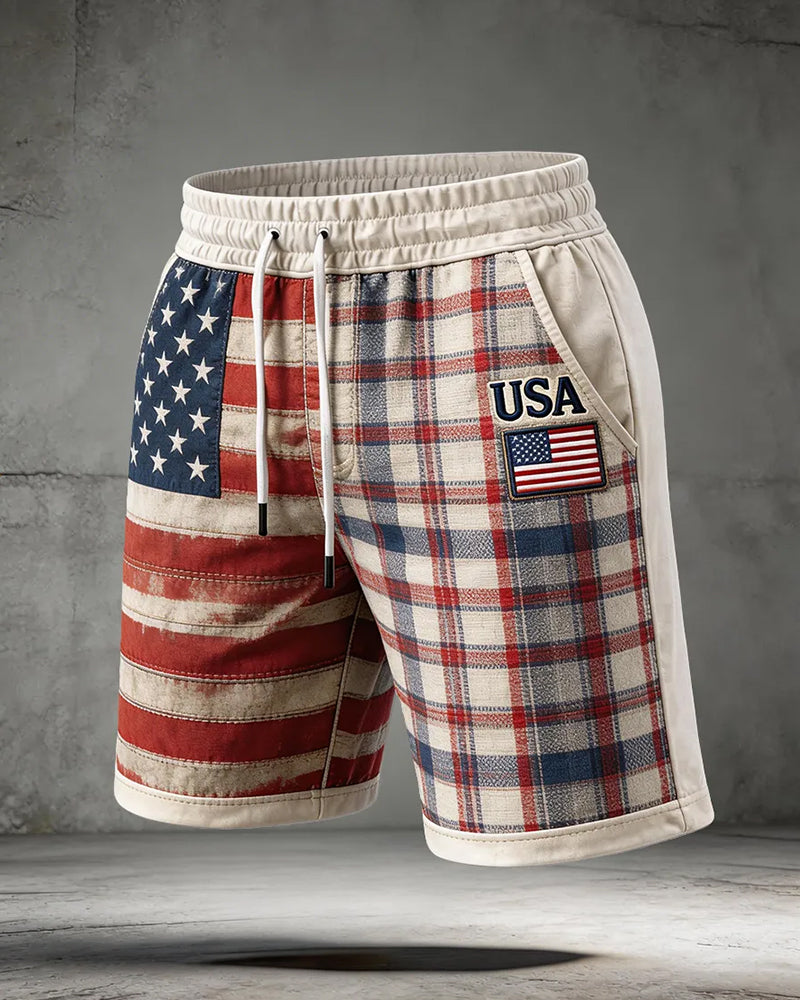 Plaid Patchwork Stars And Stripes Distressed USA Print Shorts